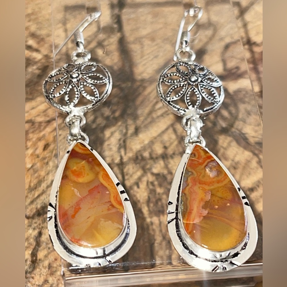 Crazy Lace Agate Earrings 2 7/8”